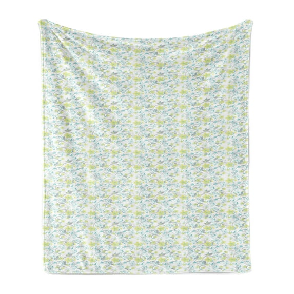 Floral Soft Flannel Fleece Throw Blanket, Flowers and Green Leaves on Ivy Vines Spiral Branches Petals Pattern, Cozy Plush for Indoor and Outdoor Use, 60" x 80", White Grey Yellow Green, by Ambesonne
