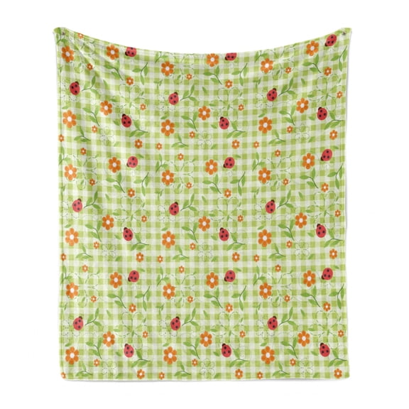 Floral Soft Flannel Fleece Throw Blanket, Flowers Ladybugs Leaves on Summer Striped Background Baby Motif, Cozy Plush for Indoor and Outdoor Use, 60" x 80", Red Orange Lime Green, by Ambesonne