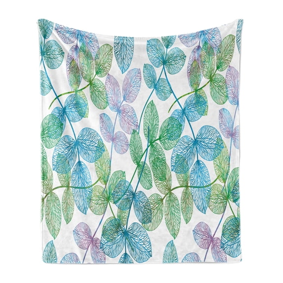 Floral Soft Flannel Fleece Throw Blanket, Flowers Leaves Ivy Vein Like Rainbow Ombre Colored Art Print, Cozy Plush for Indoor and Outdoor Use, 50" x 70", Fern Green Pale Blue, by Ambesonne