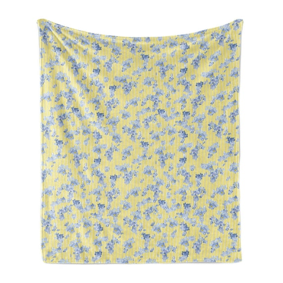 Floral Soft Flannel Fleece Throw Blanket, Forget Me Not Flowers Blossoming Springtime Fresh Vintage Stripes, Cozy Plush for Indoor and Outdoor Use, 70" x 90", Yellow Ceil Blue, by Ambesonne