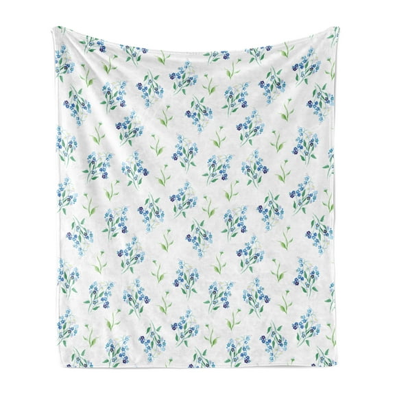 Floral Soft Flannel Fleece Throw Blanket, Forget Me Nots Branches Flowers Leaves Blossoms on Plain Background, Cozy Plush for Indoor and Outdoor Use, 50" x 60", Pale Sky Blue Multicolor, by Ambesonne