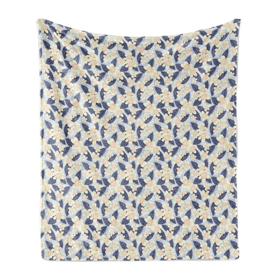Floral Soft Flannel Fleece Throw Blanket, Frangipani and Leaves Details Plumeria Pastel Colored Pattern, Cozy Plush for Indoor and Outdoor Use, 50" x 60", Pale Ceil Blue and Multicolor, by Ambesonne
