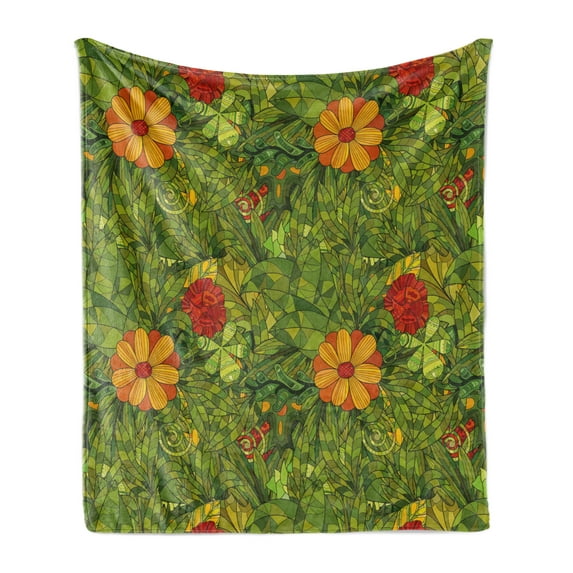 Floral Soft Flannel Fleece Throw Blanket, Funky Flower Foliage Bush with Fractal Retro Jungle Art Design, Cozy Plush for Indoor and Outdoor Use, 50" x 60", Olive Green Vermilion, by Ambesonne