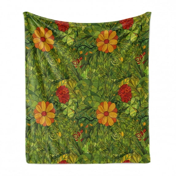 Floral Soft Flannel Fleece Throw Blanket, Funky Flower Foliage Bush with Fractal Retro Jungle Art Design, Cozy Plush for Indoor and Outdoor Use, 70" x 90", Olive Green Vermilion, by Ambesonne
