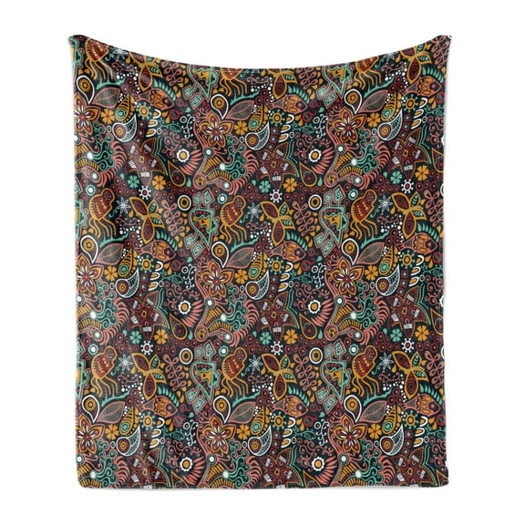 Floral Soft Flannel Fleece Throw Blanket, Funky Mixed Flower Blossoms with Fishes Butterflies Exotic Nature Foliage Theme, Cozy Plush for Indoor and Outdoor Use, 70" x 90", Multicolor, by Ambesonne