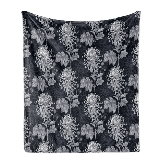 Floral Soft Flannel Fleece Throw Blanket, Gothic Flower Bouquet Chrysanthemum Blooming Harvest Baroque Motif, Cozy Plush for Indoor and Outdoor Use, 60" x 80", Indigo Pale Grey, by Ambesonne