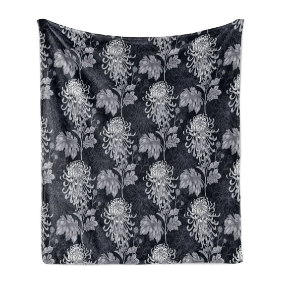 Floral Soft Flannel Fleece Throw Blanket, Gothic Flower Bouquet Chrysanthemum Blooming Harvest Baroque Motif, Cozy Plush for Indoor and Outdoor Use, 60" x 80", Indigo Pale Grey, by Ambesonne