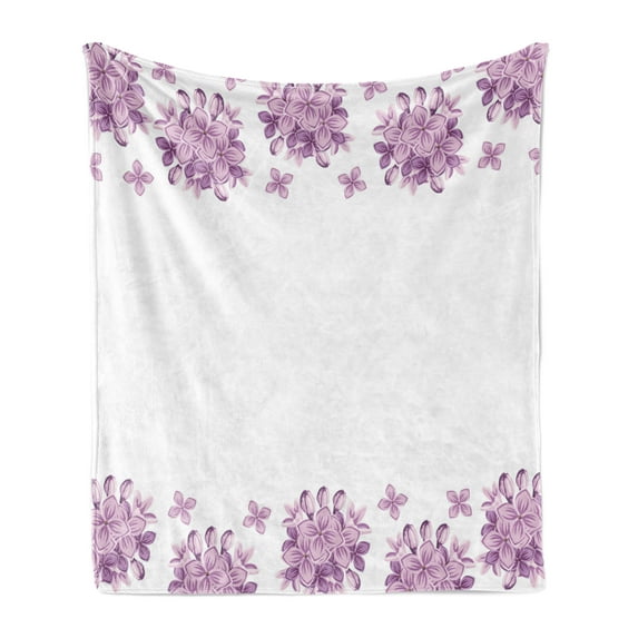 Floral Soft Flannel Fleece Throw Blanket, Graphic Lilac Flower Blossoms on White Background Spring Nature Illustration, Cozy Plush for Indoor and Outdoor Use, 60" x 80", Lilac and White, by Ambesonne