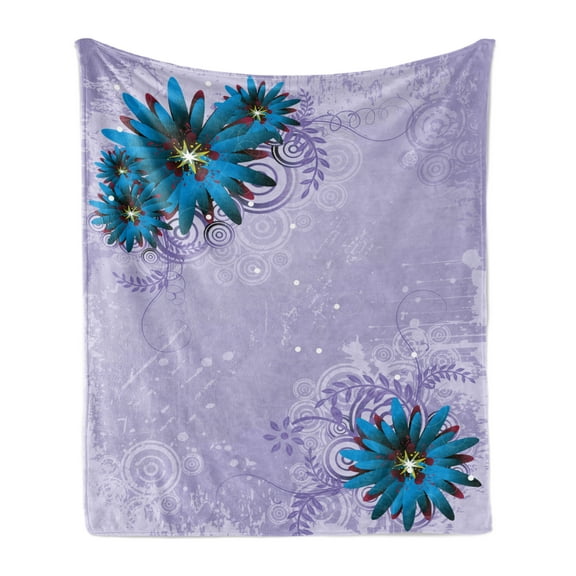 Floral Soft Flannel Fleece Throw Blanket, Graphic Ornamental Flowers on Lilac Background Modern Illustration, Cozy Plush for Indoor and Outdoor Use, 50" x 70", Dark Blue Burgundy, by Ambesonne