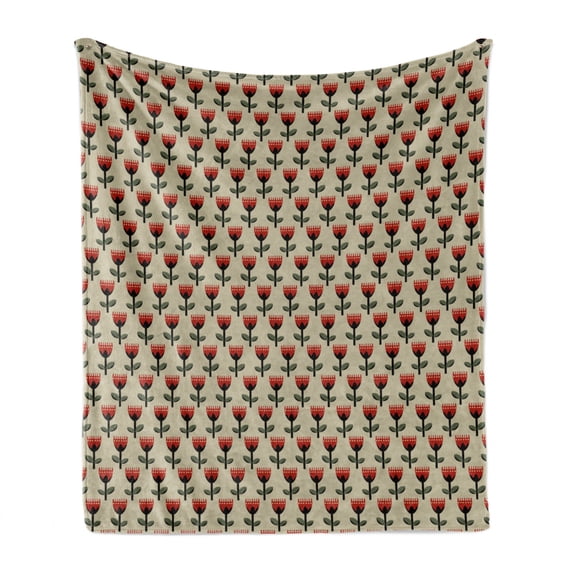 Floral Soft Flannel Fleece Throw Blanket, Graphical Modern Illustration of Repeating Tulips, Cozy Plush for Indoor and Outdoor Use, 50" x 70", Beige Multicolor, by Ambesonne