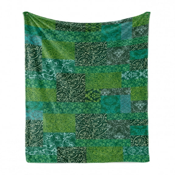 Floral Soft Flannel Fleece Throw Blanket, Green Tone Monochrome Nature Themed Pattern with Swrils, Cozy Plush for Indoor and Outdoor Use, 70" x 90", Emerald Jade Green, by Ambesonne