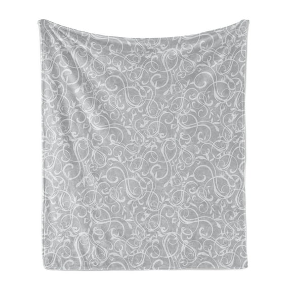Floral Soft Flannel Fleece Throw Blanket, Greyscale Tone Swirly Pattern Vintage Garden Details Pattern, Cozy Plush for Indoor and Outdoor Use, 50" x 70", Pale Purpleblue and Pale Grey, by Ambesonne