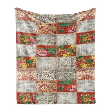 Floral Soft Flannel Fleece Throw Blanket, Grunge Design Patchwork Style Peonies and Oriental Ornaments, Cozy Plush for Indoor and Outdoor Use, 60" x 80", Taupe Grey Multicolor, by Ambesonne
