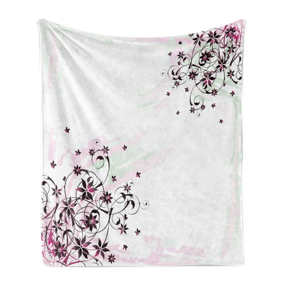 Floral Soft Flannel Fleece Throw Blanket, Grunge Flower Motif with Swirled Leaves Florets Paintbrush Illustration, Cozy Plush for Indoor and Outdoor Use, 50" x 60", Black Pale Pink Mint, by Ambesonne