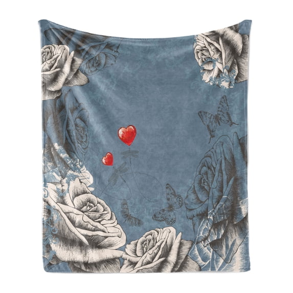 Floral Soft Flannel Fleece Throw Blanket, Grunge Rose Petals and Butterflies Red Hearts Love Valentines Vintage Design, Cozy Plush for Indoor and Outdoor Use, 60" x 80", Slate Blue Grey, by Ambesonne