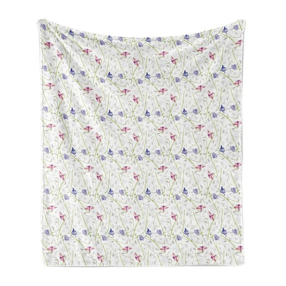 Floral Soft Flannel Fleece Throw Blanket, Hand Drawn Aquilegia Flower Botanical Corsage in Spring Tones, Cozy Plush for Indoor and Outdoor Use, 50" x 60", Blue Violet Green, by Ambesonne