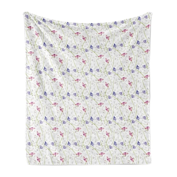 Floral Soft Flannel Fleece Throw Blanket, Hand Drawn Aquilegia Flower Botanical Corsage in Spring Tones, Cozy Plush for Indoor and Outdoor Use, 60" x 80", Blue Violet Green, by Ambesonne