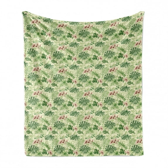 Floral Soft Flannel Fleece Throw Blanket, Hand Drawn Demonstration of Various Leaves and Flowers, Cozy Plush for Indoor and Outdoor Use, 50" x 70", Cream Multicolor, by Ambesonne