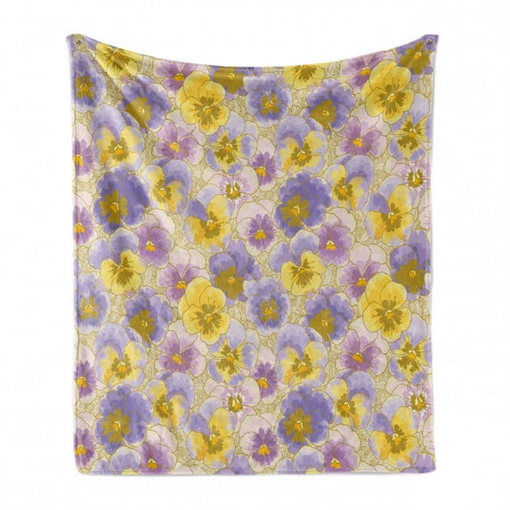 Floral Soft Flannel Fleece Throw Blanket, Hand Drawn Pansy Flowers Garden Botanical Watercolor Pattern, Cozy Plush for Indoor and Outdoor Use, 50" x 60", Lavender Lilac Yellow, by Ambesonne