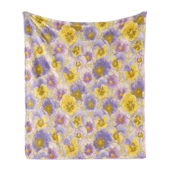 Floral Soft Flannel Fleece Throw Blanket, Hand Drawn Pansy Flowers Garden Botanical Watercolor Pattern, Cozy Plush for Indoor and Outdoor Use, 50" x 70", Lavender Lilac Yellow, by Ambesonne