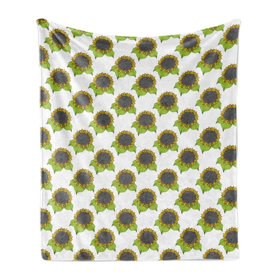 Floral Soft Flannel Fleece Throw Blanket, Hand Drawn Sketch Sunflowers with Vibrant Fresh Spring Leaves, Cozy Plush for Indoor and Outdoor Use, 50" x 60", Apple Green Dark Taupe, by Ambesonne