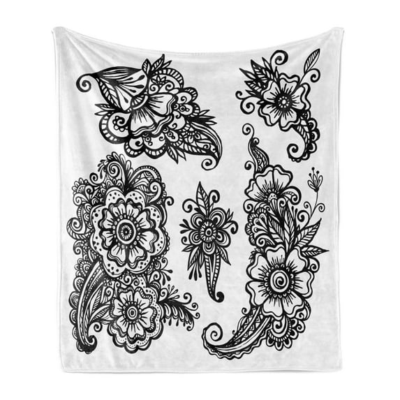 Floral Soft Flannel Fleece Throw Blanket, Hand Drawn Style Vintage Compositions Blossoming Flowers Retro Fun Design, Cozy Plush for Indoor and Outdoor Use, 50" x 70", White Black, by Ambesonne