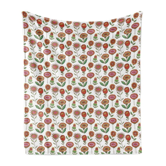 Floral Soft Flannel Fleece Throw Blanket, Happy Arrangement of Colorful Cartoon Flower, Cozy Plush for Indoor and Outdoor Use, 50" x 70", White Multicolor, by Ambesonne