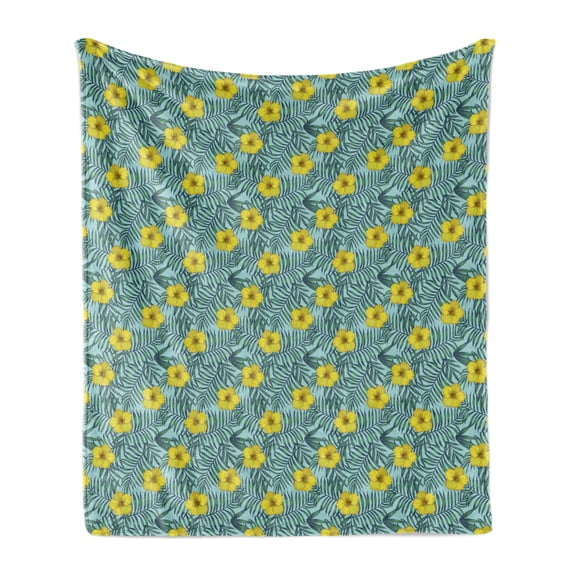 Floral Soft Flannel Fleece Throw Blanket, Hawaii Ornamental Hibiscus Flowers Along Exotic Long Leaves Print, Cozy Plush for Indoor and Outdoor Use, 70" x 90", Pale Blue Yellow and Green, by Ambesonne