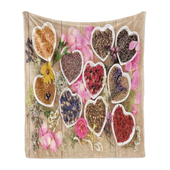 Floral Soft Flannel Fleece Throw Blanket, Healing Herbs Heart Shaped Bowls Flower Petals on Wooden Planks Print Healthcare, Cozy Plush for Indoor and Outdoor Use, 70" x 90", Multicolor, by Ambesonne