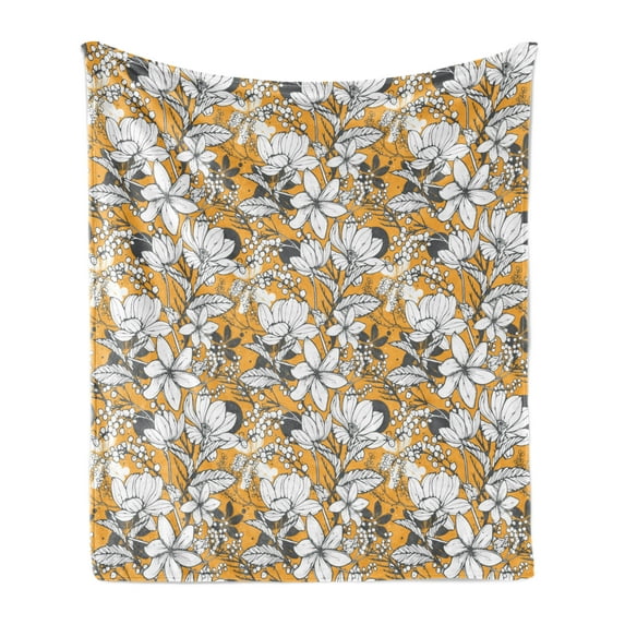 Floral Soft Flannel Fleece Throw Blanket, Hibiscus Plant Exotic Beach Island Theme with Tropical Sea Accents, Cozy Plush for Indoor and Outdoor Use, 70" x 90", Charcoal Grey Marigold, by Ambesonne