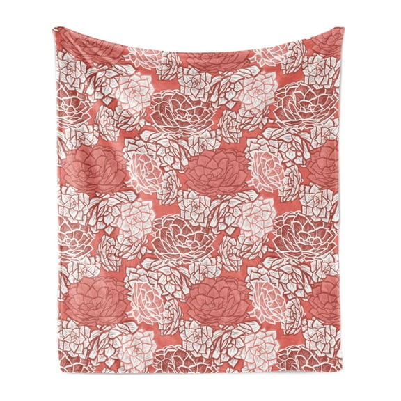 Floral Soft Flannel Fleece Throw Blanket, Highly Detailed Image of Echeveria Plants in Repetitive Pattern, Cozy Plush for Indoor and Outdoor Use, 50" x 60", Coral Pale Maroon and White, by Ambesonne