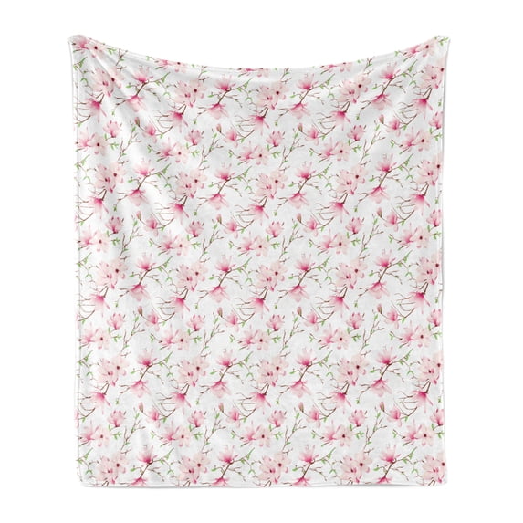 Floral Soft Flannel Fleece Throw Blanket, Illustration of Freshly Blooming Spring Magnolia Flowers and Leaves on Branches, Cozy Plush for Indoor and Outdoor Use, 70" x 90", Multicolor, by Ambesonne
