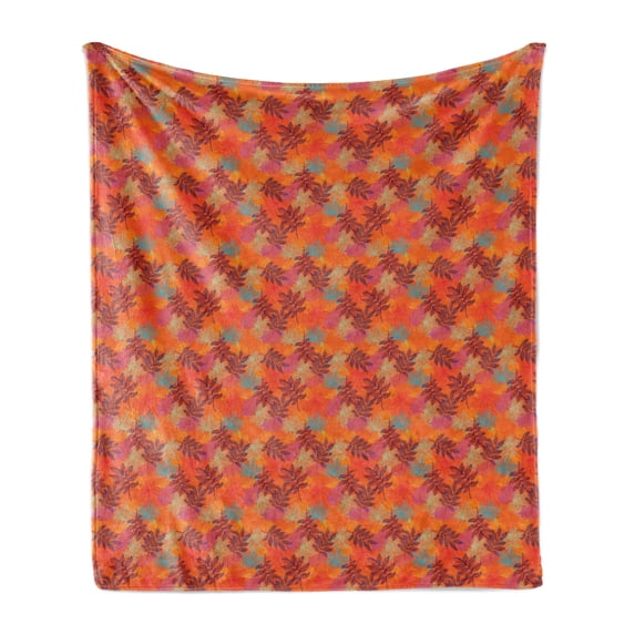 Floral Soft Flannel Fleece Throw Blanket, Illustration of Style Inspired Colorful Leaves in Autumn Season, Cozy Plush for Indoor and Outdoor Use, 50" x 60", Vermilion and Multicolor, by Ambesonne