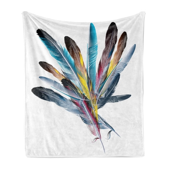 Floral Soft Flannel Fleece Throw Blanket, Inspirational Bouquet of Types of Colorful Retro Style Quill Pen Feather, Cozy Plush for Indoor and Outdoor Use, 50" x 60", Multicolor, by Ambesonne