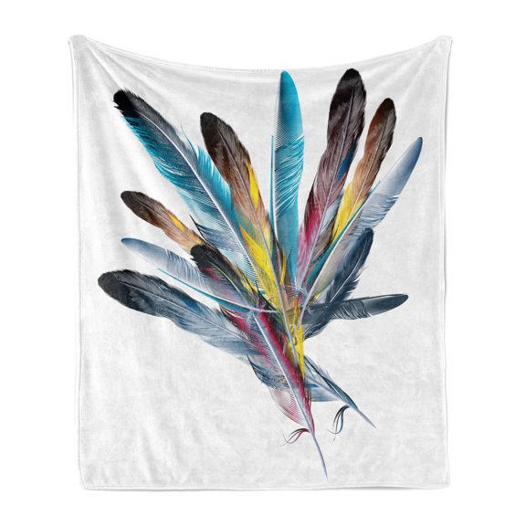 Floral Soft Flannel Fleece Throw Blanket, Inspirational Bouquet of Types of Colorful Retro Style Quill Pen Feather, Cozy Plush for Indoor and Outdoor Use, 60" x 80", Multicolor, by Ambesonne
