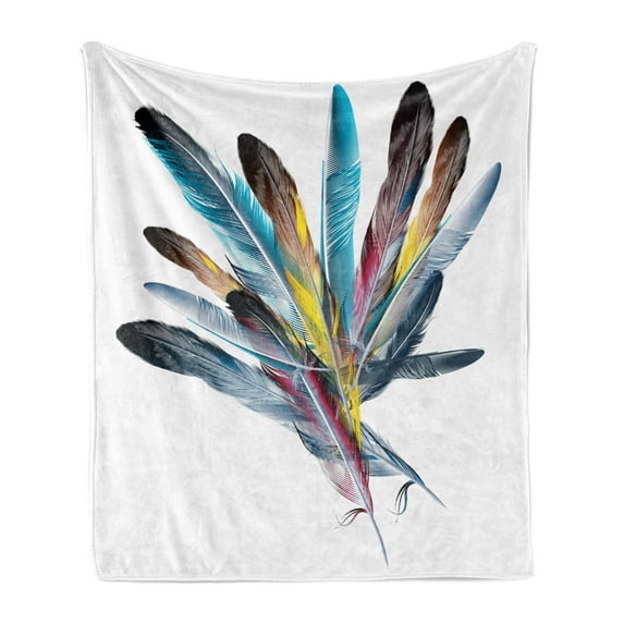 Floral Soft Flannel Fleece Throw Blanket, Inspirational Bouquet of Types of Colorful Retro Style Quill Pen Feather, Cozy Plush for Indoor and Outdoor Use, 70" x 90", Multicolor, by Ambesonne