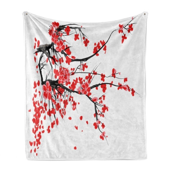 Floral Soft Flannel Fleece Throw Blanket, Japanese Cherry Blossom Sakura Blooms Branch Spring Inspirations Print, Cozy Plush for Indoor and Outdoor Use, 70" x 90", Vermilion Brown White, by Ambesonne