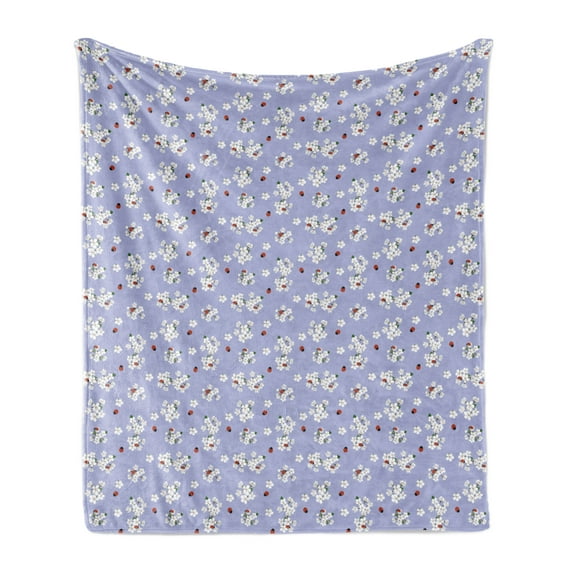 Floral Soft Flannel Fleece Throw Blanket, Japanese Flowers Sakura Blossoms and Ladybugs on Soft Toned Background, Cozy Plush for Indoor and Outdoor Use, 60" x 80", Pale Ceil Blue White, by Ambesonne