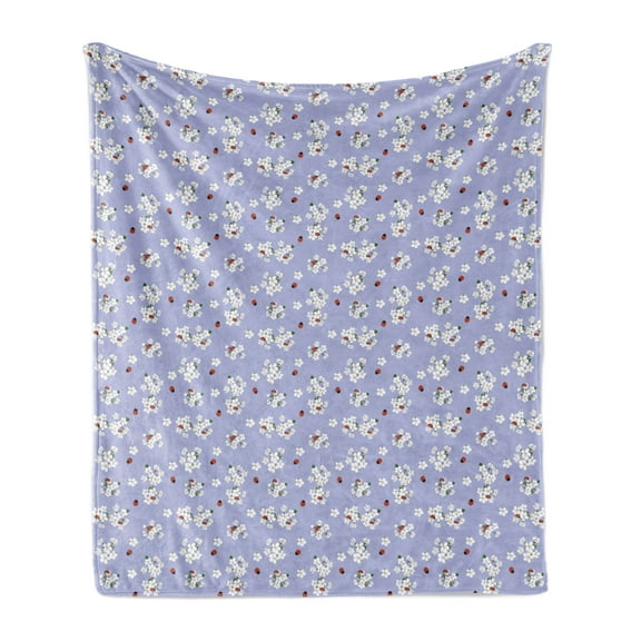 Floral Soft Flannel Fleece Throw Blanket, Japanese Flowers Sakura Blossoms and Ladybugs on Soft Toned Background, Cozy Plush for Indoor and Outdoor Use, 60" x 80", Pale Ceil Blue White, by Ambesonne