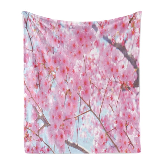Floral Soft Flannel Fleece Throw Blanket, Japanese Sakura Florets Essence Nature Beauty Blossoms Refreshing Summer Picture, Cozy Plush for Indoor and Outdoor Use, 50" x 60", Baby Pink, by Ambesonne
