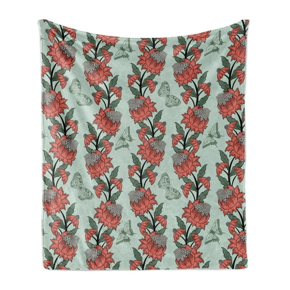 Floral Soft Flannel Fleece Throw Blanket, Layout of Flower and Butterfly Silhouettes, Cozy Plush for Indoor and Outdoor Use, 50" x 70", Pale Blue Coral, by Ambesonne