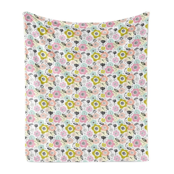 Floral Soft Flannel Fleece Throw Blanket, Leafy Design in Pastel Tones Polka Dots Flowers Brush Dashes Strokes Blossoming, Cozy Plush for Indoor and Outdoor Use, 50" x 70", Multicolor, by Ambesonne