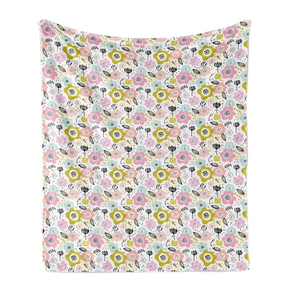 Floral Soft Flannel Fleece Throw Blanket, Leafy Design in Pastel Tones Polka Dots Flowers Brush Dashes Strokes Blossoming, Cozy Plush for Indoor and Outdoor Use, 70" x 90", Multicolor, by Ambesonne