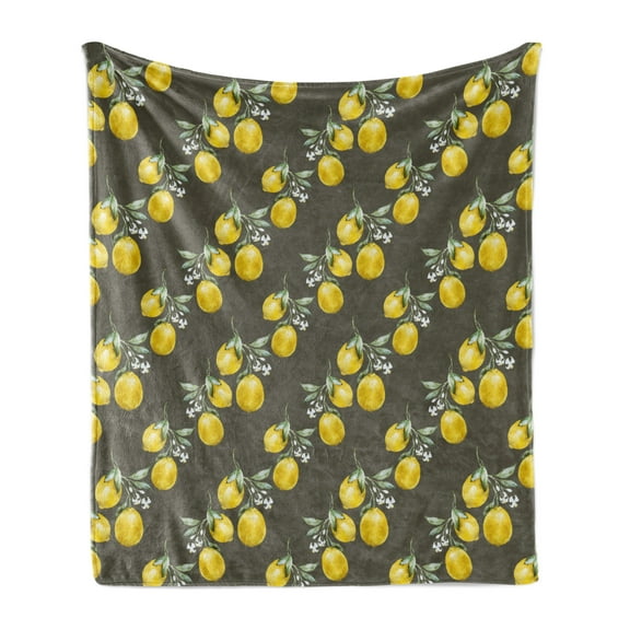 Floral Soft Flannel Fleece Throw Blanket, Lemon Branches with Petals Growth Essence Nature Themed Print, Cozy Plush for Indoor and Outdoor Use, 60" x 80", Olive Green Yellow, by Ambesonne