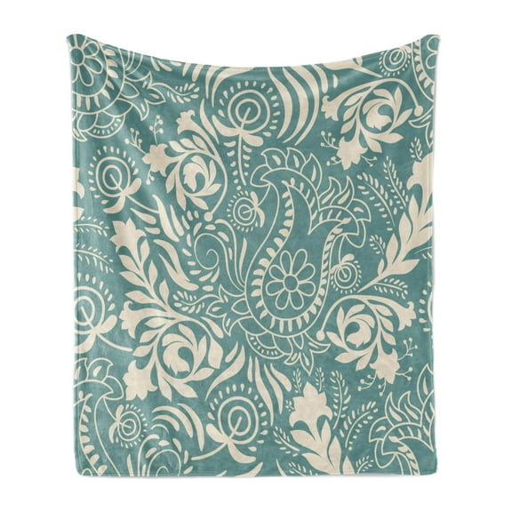 Floral Soft Flannel Fleece Throw Blanket, Marrakech Ornament with Abstract Paisley Style Nature Inspired Motifs, Cozy Plush for Indoor and Outdoor Use, 50" x 70", Teal and Beige, by Ambesonne