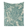 thumbnail image 1 of Floral Soft Flannel Fleece Throw Blanket, Marrakech Ornament with Abstract Paisley Style Nature Inspired Motifs, Cozy Plush for Indoor and Outdoor Use, 70" x 90", Teal and Beige, by Ambesonne, 1 of 5