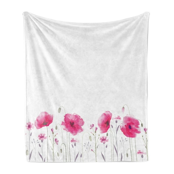 Floral Soft Flannel Fleece Throw Blanket, Mass of Flower Glade with Poppy Petals Summer Garden Theme Field Elements Artwork Print, Cozy Plush for Indoor and Outdoor Use, 50" x 60", Pink, by Ambesonne