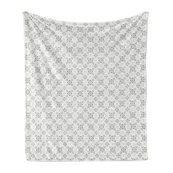 Floral Soft Flannel Fleece Throw Blanket, Minimalistic Design of Mosaic Motifs Inspired Flowers in Muted Tones Pattern, Cozy Plush for Indoor and Outdoor Use, 50" x 60", White Pale Grey, by Ambesonne
