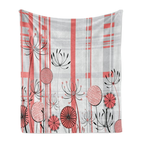 Floral Soft Flannel Fleece Throw Blanket, Modern Botanical Themed Pastel Pattern with Abstract Herbs, Cozy Plush for Indoor and Outdoor Use, 50" x 60", Coral Charcoal Grey, by Ambesonne