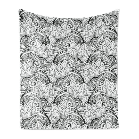 Floral Soft Flannel Fleece Throw Blanket, Monochrome Flower Motif with Paisley Petals Large Leaves Plant, Cozy Plush for Indoor and Outdoor Use, 50" x 60", Black and White, by Ambesonne